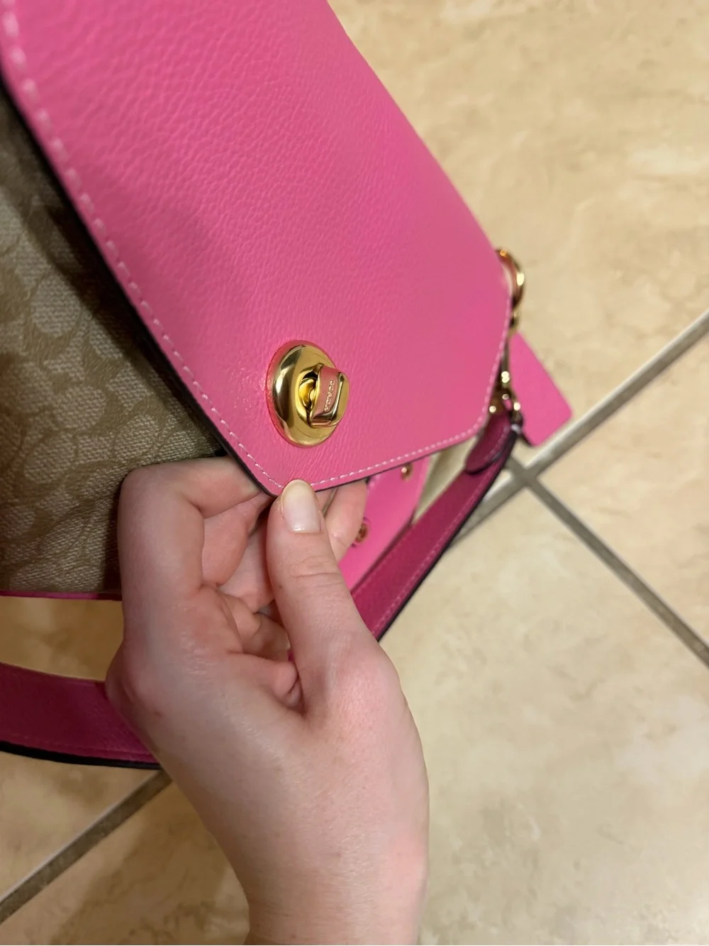 Coach Pink Signature Canvas Shoulder Bag with Gold Hardware